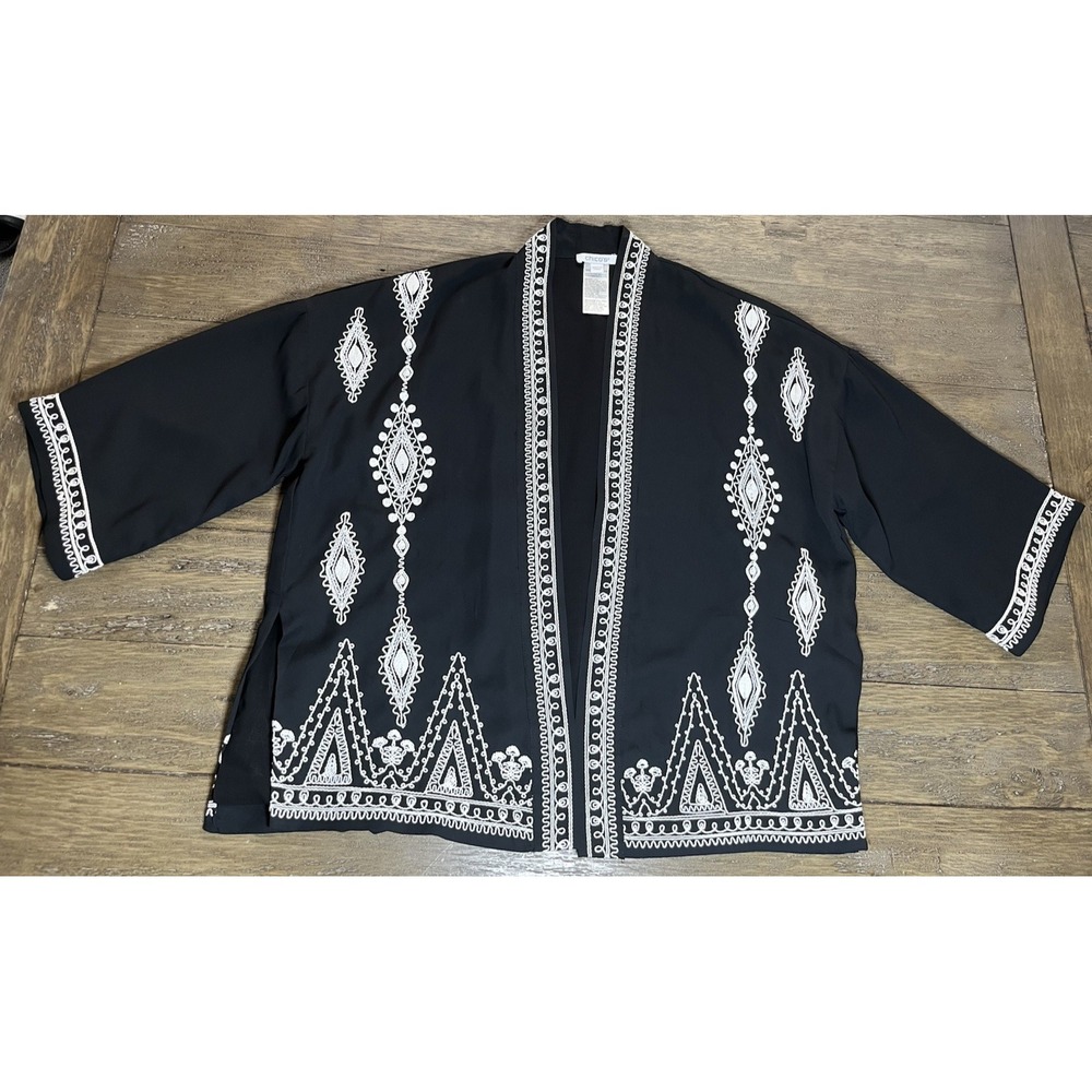 Chicos Open Front 3/4 Sleeve Boho Aztec Cardigan Black White Sz XXS XS H41